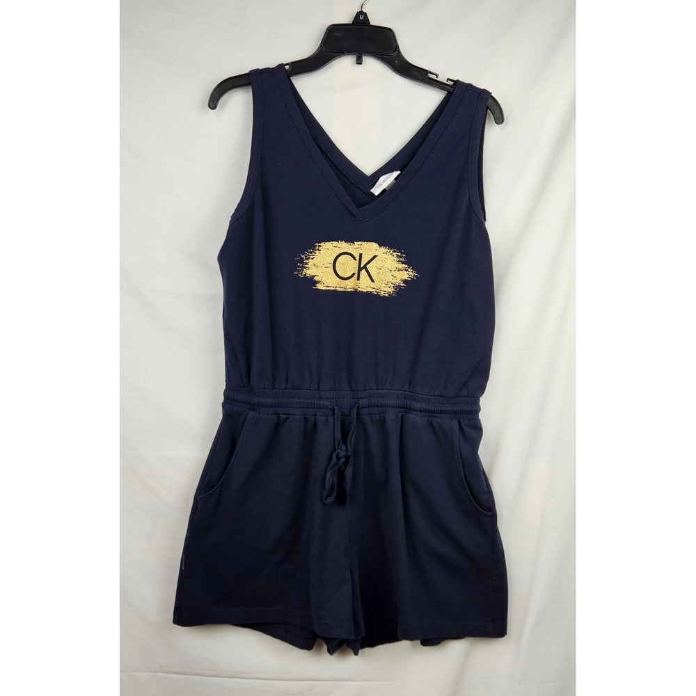 Calvin Klein Womens Navy Blue Gold CK Logo V-Neck Knit‎ Romper Size Large